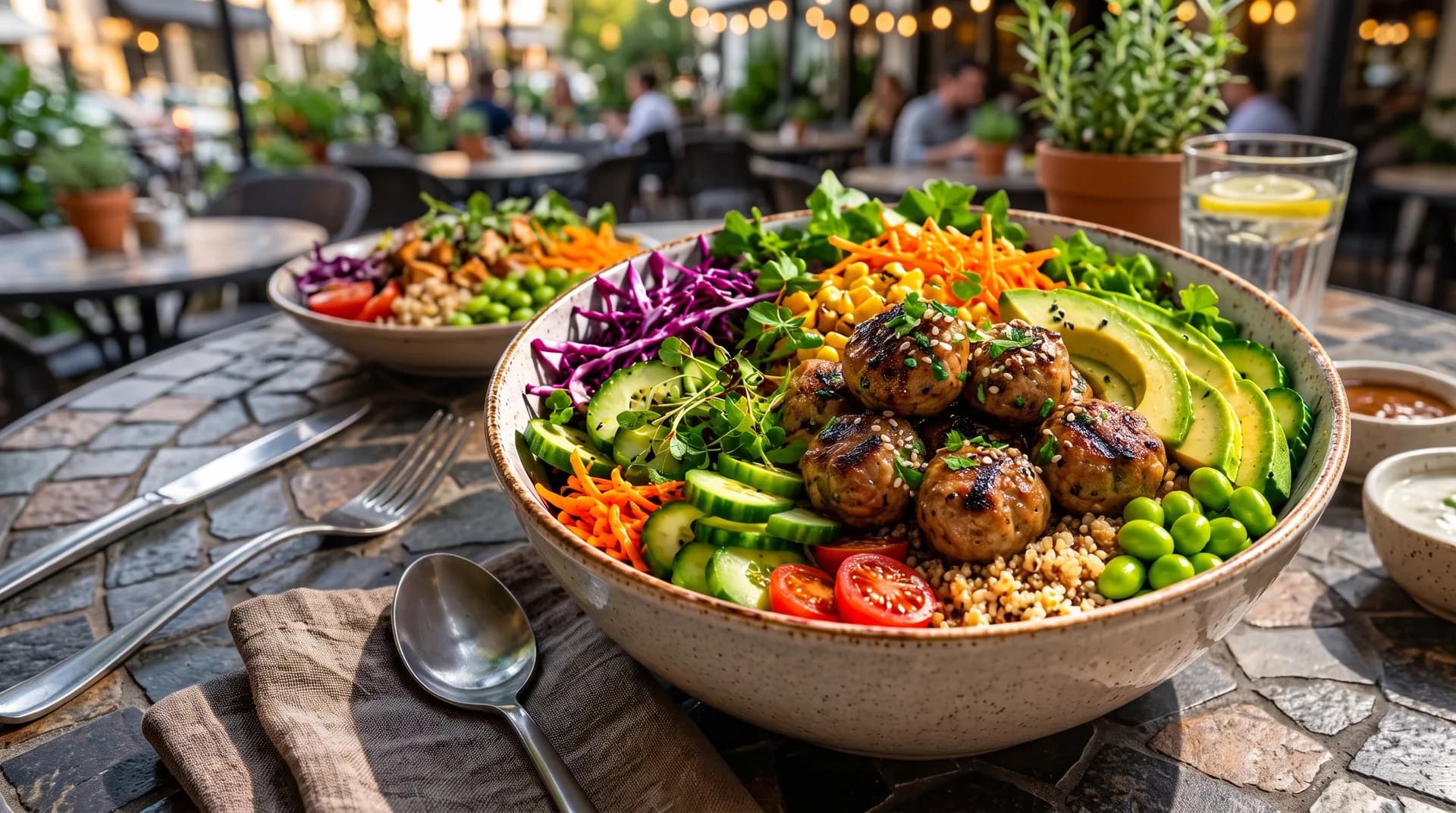Two ZENA bowls on a table outside the restaurant